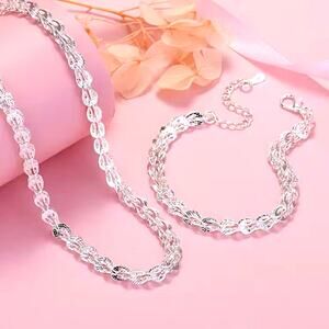 925 Sterling Silver Necklace & Bracelet Set Women's Feathered Teardrop Boho Gift